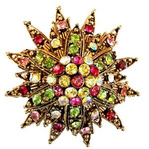Vintage Mid-Century Brooch Multicolored Rhinestone Dimensional Starburst Pin Gol